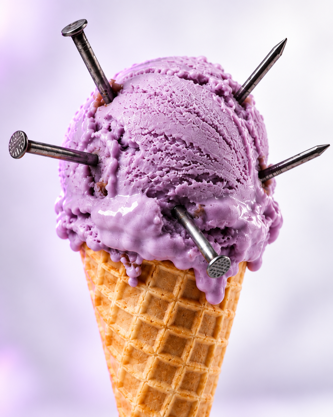 Closeup de un helado morado con clavos como metáfora de sensibilidad dental